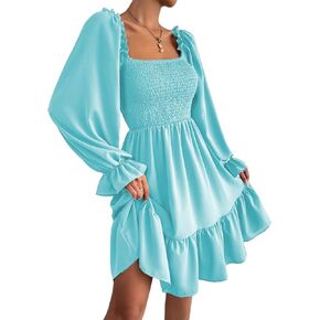 فستان خريفي بياقة مربعة من BBcoch: فساتين نسائية قصيرة قصيرة منتفخة وأكمام طويلة مكشكشة in Kuwait