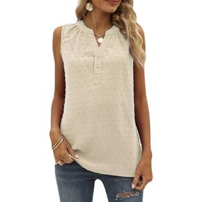 Women's Casual Tank Tops - 2024 Summer Loose Fit Dessy Tunic Beach Sleeveless Shirt Swiss Dot V-Neck T-Shirts Blouse