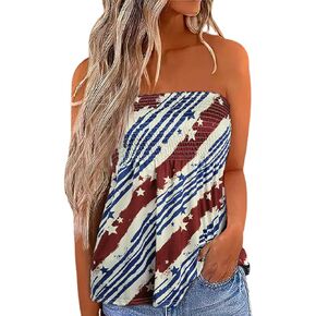 MHTOR American Flag Smocked Strapless Bandeau Tank Women 4th of July Sleeveless Casual Pleated Flowy Crop Tunic Blouses