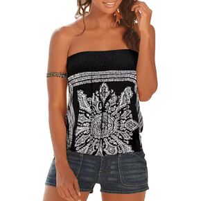 MHTOR American Flag Smocked Strapless Bandeau Tank Women 4th of July Sleeveless Casual Pleated Flowy Crop Tunic Blouses