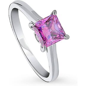 BERRICLE Sterling Silver Solitaire Purple Princess Cut Cubic Zirconia CZ Fashion Ring for Women, Rhodium Plated 1.2 Carat Size 4-10