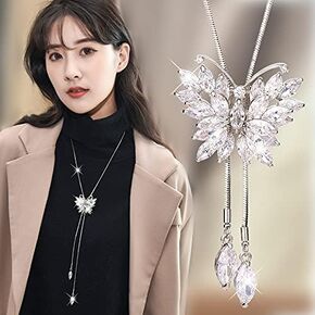 Sither Crystal Butterfly Long Necklace for Women Sweater Chain Statement Necklace Butterfly Pendant Jewelry Accessories Dressy Collocation Winter Evening Party Wedding