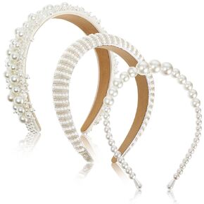 3 Pcs Pearl Headbands for Women White Bling Faux Pearl Rhinestones Hairbands Bridal Hair Hoop Wedding Hair Accessories for Women Girls Bridal Headband White Headband Elegant Wedding Headwear