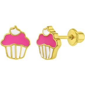 Gold Plated Pink Enamel Cupcake Screw Back Earrings for Young Girls and Teens - Pink And White Enamel Cupcake Earrings with Screw Backs For Girls - Sweet Cupcake Jewelry Gift for Children