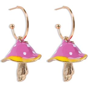Cute Mushroom Dangle Earrings for Women Girls Gold Plated Enamel Food Half Hoop Dangling Stud Lifelike Creative Earring Birthday Party Handmade Y2K Jewelry