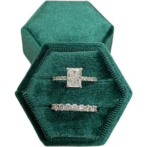 Double Slots Hexagon Velvet Ring Box Vintage Style Storage Box for Engagement Flat Lay & Wedding Ceremony Black