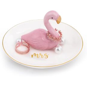 Edussy 1pc Flamingo Jewelry Dish - Ceramic Jewelry Trinket Tray for Earrings Necklaces Bracelet Watch Keys Ring Holder Dish with MRS Letters Bridal Shower, Engagement Gifts for Bride to be