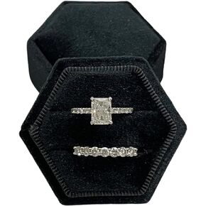 Double Slots Hexagon Velvet Ring Box Vintage Style Storage Box for Engagement Flat Lay & Wedding Ceremony Black
