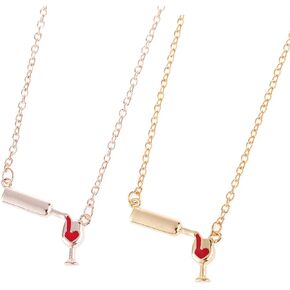 2-3Pcs Wine Glass Bottle Cup Pendant Necklace Set Enamel Love Heart Adjustable Chain Necklace for Women Girl Teen Lover Cheers Clavicle Jewelry Valentine's Day Gift
