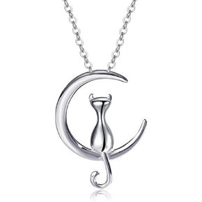 Cat on the Moon Pendant Necklace for Men Women Boys Girls Gold Silver Plated Dainty Charm Cresent Kitten Animal Hypoallergenic Clavicular Chain Necklace for Minimalist Birthday Mother's Day Christmas Jewelry Gifts