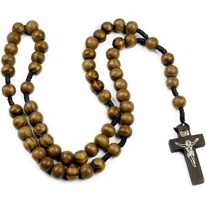 Fuqimanman2020 Wood Beads Rosary Necklace Handmade Wooden Resin Crucifix Rosary Beads Chain Pendant Necklace Catholic Cross Virgin Mary Jesus Necklace