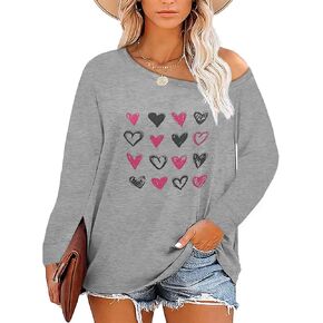HDLTE قمصان عيد الحب مقاس كبير للنساء تي شيرت بأكمام طويلة ورسومات قلب الحب، مقاس XL-5XL in Kuwait
