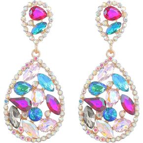Teardrop AB Crystal Dangle Earrings for Women Girls Gold Plated Gorgeous Big Long Chandelier Wedding Statement Drop Dangling Stud Fashion Lightweight Birthday Festival Party Jewelry Gifts