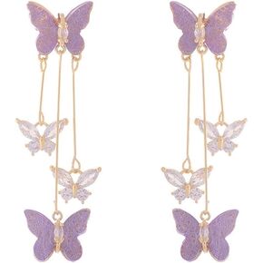 FUTIMELY Purple Butterfly Drop Dangle Earrings for Women Girls,Spring Summer Rhinestone Crystal Lavender Tassel Earrings Preppy Personalized Jewelry