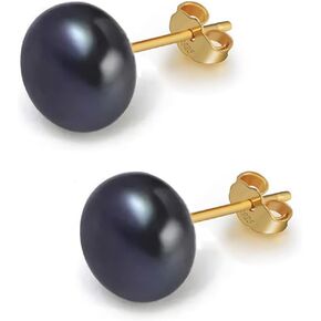 Pearl stud Earrings with 18K plate Gold, AAAA+ Pearls Earrings of Genuine Freshwater aquaculture Hand-picked for women Girl Ladies (black-9mm)
