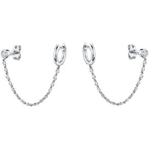 Personalized Double Piercing Round CZ Stud Small Hoop Cuff Cartilage Earrings for Women Teen Girls 925 Sterling Silver Post Cubic Zirconia Threader Chain Tassel Drop Dangle Delicate Two Holes Crystal Huggie Hoops Crawler Climbers Hypoallergenic Studs Fash