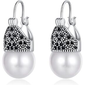 Pearl Earrings for Women 925 Sterling Silver Big Pearl Drop Dangle Earrings Cubic Zirconia Handmade Earrings for Girls Mother