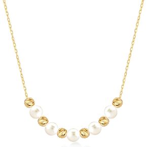 14k Real Gold Pearl Necklace for Women | Gold Ball Necklaces in 14k Gold | Pearl and Beads Necklaces | Delicate Beaded Jewelry | Gifts for Anniversary, 18"