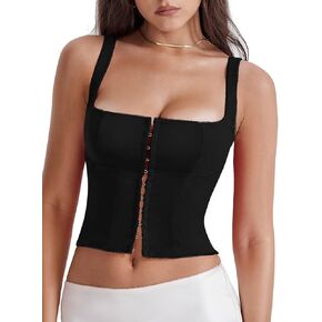 LAGSHIAN Women's Sleeveless Square Neck Double Layer Crop Top Central Single Row Clasp Trendy Tank Top