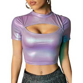 Verdusa Women's Metallic Crop Tee Top Cut Out Mock Neck Short Sleeve Glitter T Shirt