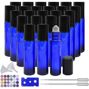 BEGIKET 24 Pack Essential Oil Roller Bottles, 10ml Cobalt Blue Roller Bottles with Stainless Steel Roller Balls Leak Proof Roll on Bottles for Travel Perfume Essential Oi