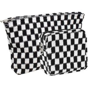 2 Pieces Makeup Bag Pouch, Large Checkered Cosmetic Bag Travel Toiletry Bag Organizer Cute Cosmetic Pouch Makeup Case Makeup Brushes Aesthetic Accessories Storage Bag for Women (Large+Mini Black)