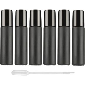 Essential Oil Roller Bottles, 6Pcs 10ml Black Glass Roller Bottles Vials Containers with Metal Roller Ball and black cap for Essential Oil Aromatherapy Perfume Cosmetic Skincare Liquid, 1 Dropper