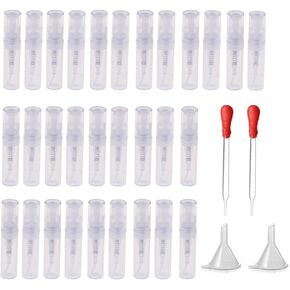 30 Pcs Mini 2ML Atomizer Plastic Bottle Spray Refillable Perfume Empty Sample Bottle With 2 pcs Mini Plastic Funnels and 2 pcs Glass Droppers for Travel Party Portable Makeup Tool
