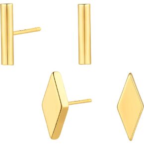 VACRONA 14K Gold Plated Stud Earrings Small Bar, Dot, Square, Teardrop, Triangle, Circle, Rhombus Sterling Silver Post Studs Set for Women Girls