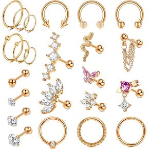 THUNARAZ 23 قطعة من حلق الغضروف للنساء من الفولاذ المقاوم للصدأ أقراط على شكل فراشة ثعبان تشيكوسلوفاكيا وأقراط على شكل أريكة وطوق تراغوس هيليكس مجموعة مجوهرات ثقب 16 جرام in Kuwait