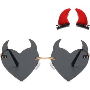 Goth Horns Heart Sunglasses for Women Rimless 90s Punk Heart Glasses Trendy for Party Festival colored Sunglasses