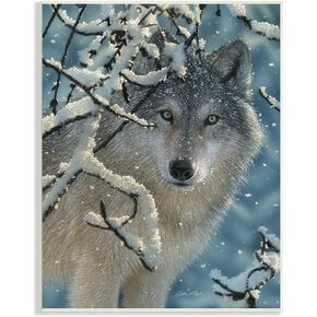 Stupell Industries Wolf Behind Snowy Branches Winter Wild Forest Animal, Design by Collin Bogle Wall Plaque, 13 x 19, Blue