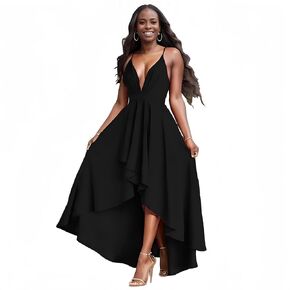 Hostoyo Women’s Evening Gowns Deep V-Neck Party Dresses Sleeveless A-line High-Low Formal Cocktail Long Evening Dress