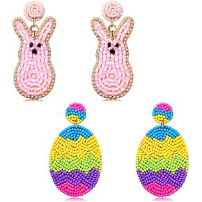 2 Pairs Easter Earrings for Women Beaded Easter Egg Bunny Earrings Letter HAPPY EASTER Earrings Cute Rabbit Dangle Earrings Spring Holiday Jewelry Gifts