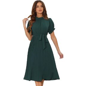 Allegra K Women's Summer Pleated Midi Dress Casual Ruffled Neck Short Sleeve Belted A-Line Flowy Dresses