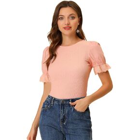 Allegra K Women's Smocked Tops Round Neck Summer Ruffle Puff Sleeve Blouse