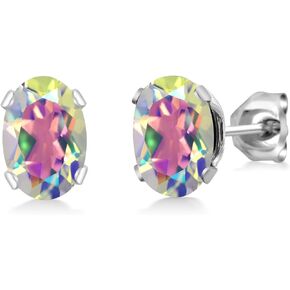 Gem Stone King Mercury Mist Mystic Topaz Stud Earrings For Women (1.90 Cttw, Gemstone Birthstone, Oval Shape 7X5MM)