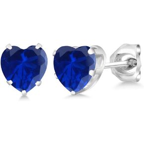 Gem Stone King 925 Sterling Silver Blue Created Sapphire Stud Earrings For Women (1.00 Cttw, Heart Shape 5MM)