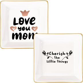 2 Pieces Jewelry Dish Tray, Ceramic Ring Holder Trinket Dish with decorative pattern, Square/Round Plate for Necklace Bracelet Earrings key