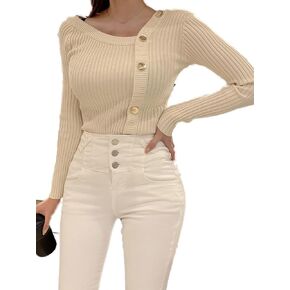 Floerns Women's Long Sleeve Button Asymmetrical Neck Rib Knit Sweater Pullovers