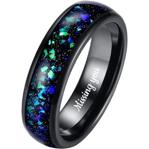Galaxy Opal Tungsten Rings, Custom Engraved Rings - Opal Rings, Black Couple Rings, Black Wedding Bands, Gifts For Couples