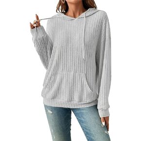 KOSATRUR Womens Casual Fashion Ribbed Knit Hoodies Sweatshirts Comfort Pullover Tops Blouses with Kangaroo Pocket