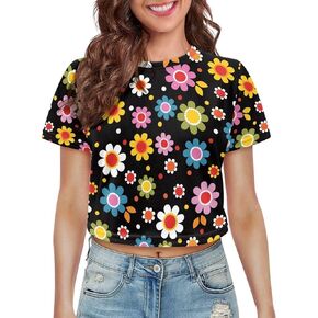 POLERO Boho Crop Tops for Women Short Sleeve Summer Casual Cropped Shirts Short Sleeve Yoga Running Going Out Tshirts