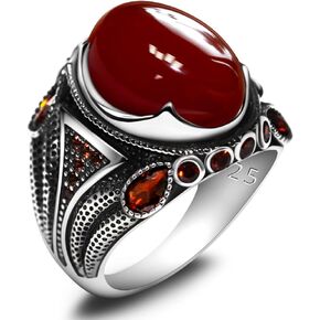 925 Sterling Silver Men's Ring Set with Natural Agate Gemstone Big Stone Ring Turkish Vintage Style Jewelry for Everyday Wear