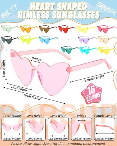 16 Pairs Heart Shaped Rimless Sunglasses Frameless Heart Sunglasses Transparent Candy Color Glasses Tinted Eyewear Bachelorette Party Favors Photo Booth Props, Aircraft Box Well Packaged,16 Colors in Saudi Arabia