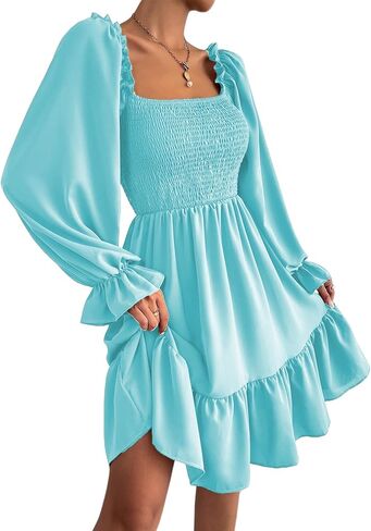 فستان خريفي بياقة مربعة من BBcoch: فساتين نسائية قصيرة قصيرة منتفخة وأكمام طويلة مكشكشة in Kuwait