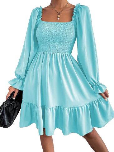 فستان خريفي بياقة مربعة من BBcoch: فساتين نسائية قصيرة قصيرة منتفخة وأكمام طويلة مكشكشة in Kuwait