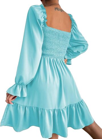 فستان خريفي بياقة مربعة من BBcoch: فساتين نسائية قصيرة قصيرة منتفخة وأكمام طويلة مكشكشة in Kuwait