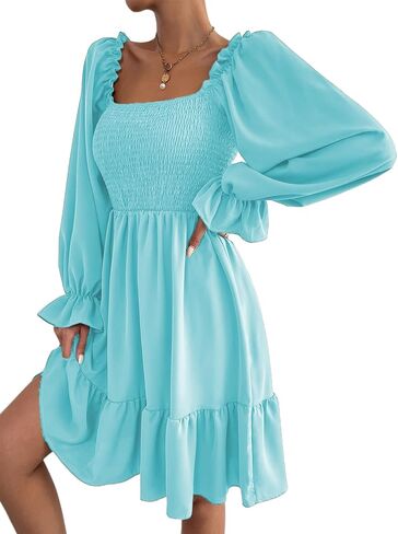 فستان خريفي بياقة مربعة من BBcoch: فساتين نسائية قصيرة قصيرة منتفخة وأكمام طويلة مكشكشة in Kuwait