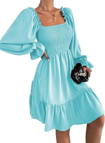 فستان خريفي بياقة مربعة من BBcoch: فساتين نسائية قصيرة قصيرة منتفخة وأكمام طويلة مكشكشة in Kuwait